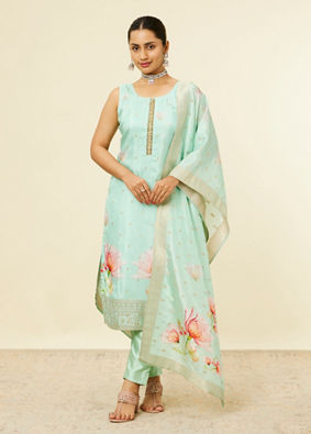 alt message - Mohey Women Sea Green Floral Printed Stitched Suit image number 0